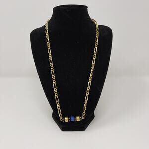Blue Black and Gold Beaded Bar Necklace Gold Tone Chainlink Fashion Statement